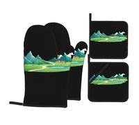 WHJSSF Green land under the blue sky Printing Kitchen Baking set di quattro pezzi Include 2 guanti isolati e 2 coperchi per pentole con tasche anti-scottatura e termoisolanti