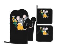 WHJSSF Il set di quattro pezzi da cucina con stampa di topi per la raccolta dei fiori include 2 guanti isolati e 2 cuscinetti per coperchio con tasche anti-scottatura e termoisolanti