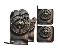 WHJSSF Magical Design - Set di quattro pezzi con stampa di rune norvegesi, include 2 guanti isolati e 2 cuscinetti per coperchio con tasche, anti-scottatura e termoisolanti