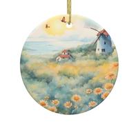 WHJSSF Mulino a vento nel mare di fiori Modello Albero di Natale Ceramica Appeso Pendente Rotondo - 7,4 cm Squisita porcellana bianca Facile sospensione