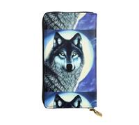 WHJSSF Portafoglio lungo da donna in pelle con tasca portamonete con | Organizer in ecopelle resistente, regalo per mamma, fidanzata, lupo sotto la luna