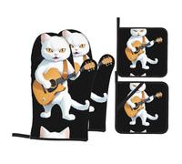 WHJSSF Set di 4 guanti da forno e presine con stampa di gatto bianco che suona la chitarra, resistenti al calore, impermeabili e durevoli, set da cucina