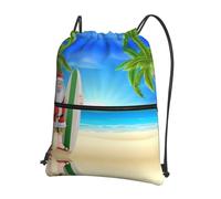 WHJSSF Zaino con cerniera e coulisse con stampa di Babbo Natale con la spiaggia e la tavola da surf, leggero, impermeabile, per sport, palestra, viaggi, con tasca frontale e organizer interno