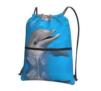 WHJSSF Zaino con stampa delfino e sorriso con coulisse e cerniera, leggero e pieghevole, borsone da viaggio con tasca frontale e organizer interno