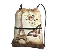 WHJSSF Zaino vintage con cerniera e coulisse con stampa Torre Eiffel di Parigi e farfalle, leggero e pieghevole, borsone da viaggio con tasca frontale e organizer interno