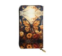 WHJWXC Portafoglio in pelle 19 x 10,5 cm, elegante e resistente, da donna, con scomparti multipli e cerniera, design arancione giallo farfalla campo fiori fantasia, nero, taglia unica, Nero , Taglia