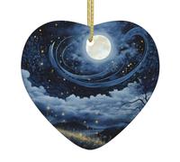 WHJWZY Ciondolo natalizio a forma di cuore in ceramica - per appendere l'albero, ornamenti per festival, bomboniere e altro ancora, stampa con la luna nel cielo stellato