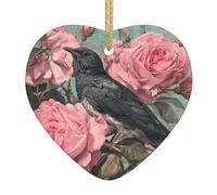 WHJWZY Ciondolo natalizio a forma di cuore in ceramica - per appendere l'albero, ornamenti per festival, bomboniere e altro ancora, motivo "Il corvo nella rosa"