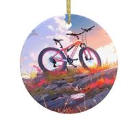 WHJWZY Ciondolo rotondo in ceramica natalizia per decorazione festiva e regalo a forma di bicicletta sulla collina stampata