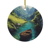 WHJWZY Ciondolo rotondo in ceramica natalizia per decorazioni festive e regali con barche nella valle