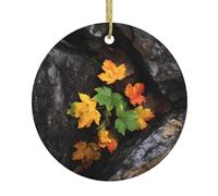 WHJWZY Ciondolo rotondo in ceramica natalizia per decorazioni festive e regali con foglie d'acero sotto le rocce