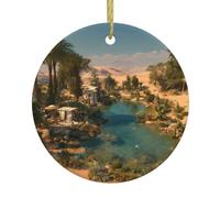 WHJWZY Ciondolo rotondo in ceramica natalizia per decorazioni festive e regali con motivo oasi del deserto