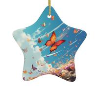 WHJWZY Decorazione natalizia in ceramica a forma di stella da appendere all'albero, ideale per le case, per feste di festa, farfalle colorate che volano in tutto il cielo