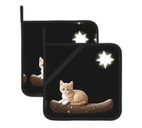 WHJWZY Set di 2 presine da cucina resistenti al calore e durevoli, con corda da appendere, motivo gattino che guarda le stelle