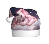 WHJYYXDE Cappello di Natale per adulti, cappello di Babbo Natale in tessuto di qualità con fondo morbido e soffice, grazioso elefante che dorme con motivo luna rosa