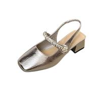 WHLL Décolleté da Donna con Tacco a Blocco, Eleganti Mary Jane con Perle e Strass, Punta Quadrata, Sandali Comodi per Tutti i Giorni, Ufficio, Matrimonio, Festa,Silber,36 EU