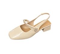 WHLL Décolleté da Donna con Tacco a Blocco, Eleganti Mary Jane con Perle e Strass, Punta Quadrata, Sandali Comodi per Tutti i Giorni, Ufficio, Matrimonio, Festa,Beige,36 EU