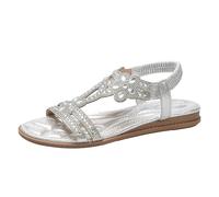 WHLL Sandali da Donna Sandali Boho con Strass e Design Floreale, Sandali Romani Bassi per Spiaggia e Estate, Argento/Oro/Blu, Taglie 36-43,Argento,36 EU