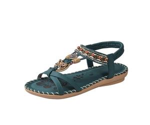 WHLL Sandali da Donna, Sandali Boho Romani da Donna Piatti, Sandali da Spiaggia Vintage da Donna con Pietra d'Acqua, Sandali per Vacanze e Tutti i Giorni,Verde,36 EU