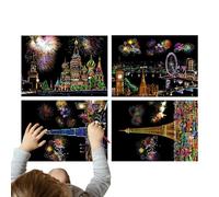 Whnbuij Kit per pittura da grattare, 4 fogli City Series Night View, per adulti e bambini, formato A4, con penna