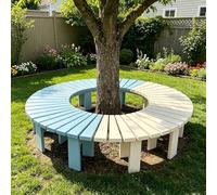 Whnoorher Panca rotonda da giardino in legno Panca per alberi da esterno resistente alle intemperie Panchine avvolgenti senza schienale per patio all'ombra del cortile(Blu,Round)