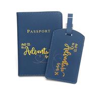 Whoasyst Versatile set di 2 custodie porta passaporto in pelle PU portafoglio e set di etichette per bagagli per trasportare in modo sicuro le vostre necessità di viaggio etichetta bagaglio, Blu