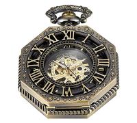 Whodoit Orologio da tasca meccanico antico per uomo, orologio da tasca irregolare ottagonale scheletro, quadrante con numeri romani con catena + scatola, MW102