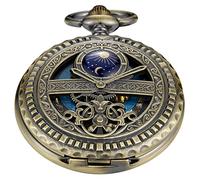 Whodoit Orologio da tasca meccanico con ciondolo a forma di luna cava in bronzo, idea regalo per uomo, orologio da tasca meccanico con quadrante digitale romano con catena regalo, MW149