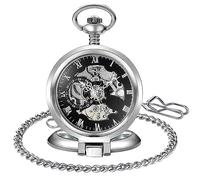 Whodoit Orologio da tasca meccanico da uomo con numeri romani e cinturino meccanico da tasca con catena + scatola, W321, Meccanico