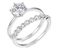 Whoiy Anelli da donna in oro bianco con moissanite 1 ct, anelli di fidanzamento in vero oro, set da 2 pezzi, impilabili da donna, 20 (19,1), metallo prezioso Gemma, Moissanite