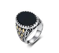 Whoiy Anelli da uomo con incisione, in argento e nero, stile retrò, alla moda, in acciaio inox, con agata nera, 22 mm, misura 60-70, 60 (19.1), Acciaio inossidabile, Agata nera