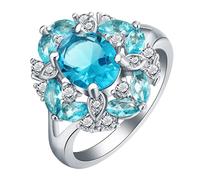 Whoiy Anelli Donna Argento, Fede Matrimoniale Rame Elegante Fiore Ovale Cubic Zirconia Blu Anello Regalo di San Valentino Misura 15