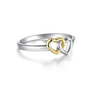 Whoiy Anello nuziale da donna doppio cuore, anello da sposa in argento 925 oro e argento bicolore senza pietra per donne, Nessuna pietra preziosa