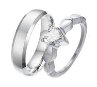 Whoiy Coppia di fedi nuziali per 2,6 mm, in acciaio inox, con cuore in argento, personalizzabili con zirconi, Damen 52 (16.6) & Herren 67 (21.3), Metallo non prezioso, Zirconia cubica