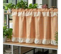 Whoiy Tenda da cucina semi-oscurante, 1 pezzo, moderna, altezza 60 cm, per cucina, in cotone, lino, arancione, a quadri, con volant in pizzo, per soggiorno, casa di campagna, 60 x 76 cm