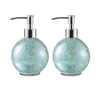 WHOLE HOUSEWARES Dispenser di sapone a mosaico in vetro per bagno, bottiglia per lozioni per cucina, bagno con pompa in plastica cromata | Set da 2 pezzi (turchese)