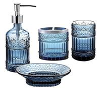 WHOLE HOUSEWARES | Set di Accessori per Il Bagno | Set da 4 Accessori in Vetro per la Decorazione | Porta Sapone, Porta spazzolini, Barattolo e piattino | Vetro a Mosaico Elegante (Blu)