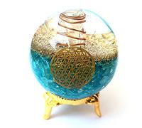 Wholesalegemshop Sfera di Cristallo di Acquamarina Blu con Supporto for Bilanciamento dei ed Energia Positiva con Simbolo del Fiore della Vita raccolta domiciliare
