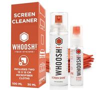 WHOOSH! Screen Shine Duo XL Kit Pulizia Telefono - 30 Ml + 100 Ml Bottiglie Anti-Perdita, 2 Panni Microfibra - Spray Pulizia Schermo Per Laptop, Occhiali E MacBook - Rimozione Impronte