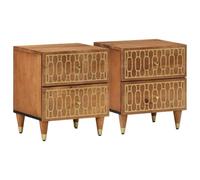WHOPBXGAD Comodini 2pz 40x33x46 cm in Legno Massello di Mango, Nightstand with 2 Drawers, Retro Bedroom Furniture, Hand Carved Floral Design, Sturdy Mango Wood Construction for Home Decor