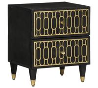 WHOPBXGAD Comodino Bedside Table 40x33x46 cm Solid Mango Wood with 2 Drawers, Hand Carved Floral Retro Design, Black Finish for Bedroom Nightstand Decor