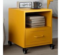 WHOPBXGAD Comodino Giallo Senape 36x39x43,5 cm in Acciaio with Wheels and Drawer, Modern Bedside Table for Living Room and Bedroom, Cold Rolled Steel Nightstand with Storage Space