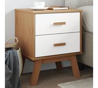 WHOPBXGAD Comodino OLDEN Scandinavian Style Nightstand with 2 Drawers, Solid Pine Wood Bedside Table in White and Brown Finish, Modern Bedroom Furniture for Home Decor
