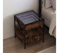 WHOPBXGAD Modern LED Nightstand with Infinity Mirror, Smoke Oak Finish 40x40x51cm, RGB Color Changing Lights, Industrial Bedside Table with USB Port for Bedroom Decor