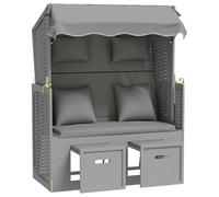 WHOPBXGAD Strandkorb con Cuscini in Polyrattan e Legno Massello Grigio Sedia a Sdraio da Spiaggia con Tettuccio Regolabile e Poggiapiedi Estraibile per Giardino Terrazzo