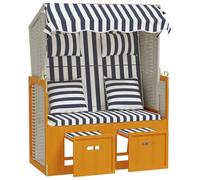 WHOPBXGAD Strandkorb con Cuscini in Polyrattan Legno Massello Bianco Blu Sedia a sdraio da Spiaggia Giardino con Tettuccio e Poggiapiedi Estraibile 3 Posizioni