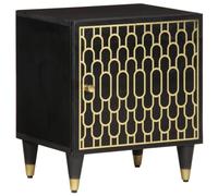 WHOPBXGAD Vintage Bedside Table 40x33x46 cm Solid Mango Wood with Hand-Carved Floral Pattern, Black Finish Nightstand for Bedroom Decor and Living Room Storage
