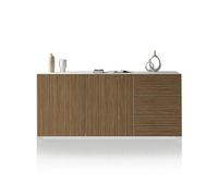 WHOUS Credenza e Buffet COSTE per Soggiorno con 2 Ante e 3 Cassetti, Madia in Stile Canneté per Salotto e Cucina in Legno, 180x43x86 cm, Bianco Opaco e Legno Chiaro
