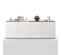 WHOUS Credenza e Buffet GARDA per Soggiorno con 2 Cassetti e 4 Ante, Madia per Salotto, Cucina e Sala da Pranzo in Legno, 200x35x71 cm, Bianco Lucido e Rovere