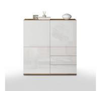 WHOUS Credenza e Buffet GARDA per Soggiorno con 3 Cassetti e 3 Ante, Madia per Salotto, Cucina e Sala da Pranzo in Legno, 102x35x110 cm, Bianco Lucido e Rovere